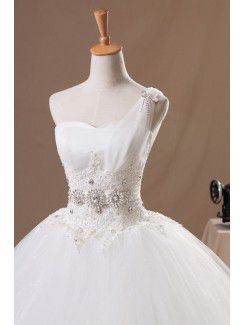 Organza One Shoulder Floor Length Ball Gown Wedding Dress with Handmade Flowers