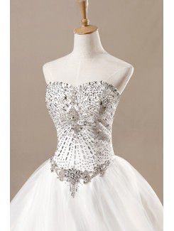 Net Strapless Cathedral Train A-line Wedding Dress with Crystal