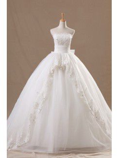 Organza strapless kapel trein baljurk trouwjurk met kristallen