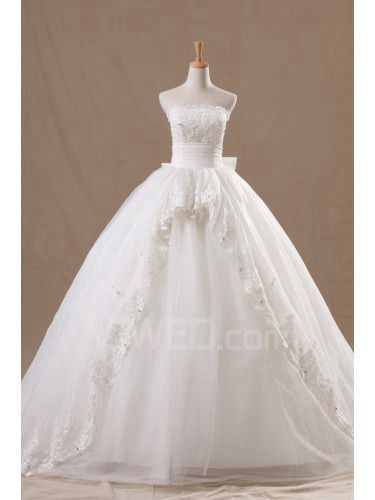 Organza Strapless Chapel Train Ball Gown Wedding Dress with Crystal