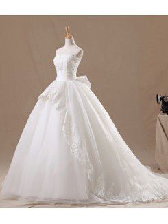 Organza Strapless Chapel Train Ball Gown Wedding Dress with Crystal