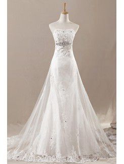 Net Strapless Cathedral Train A-line Wedding Dress with Crystal