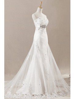 Net Strapless Cathedral Train A-line Wedding Dress with Crystal