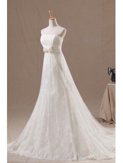 Organza Strapless Chapel Train A-line Wedding Dress with Pearls