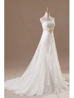 Organza Strapless Chapel Train A-line Wedding Dress with Pearls