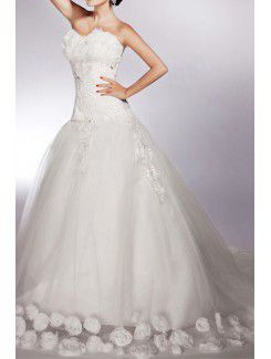 Net Strapless Chapel Train Ball Gown Wedding Dress with Handmade Flowers