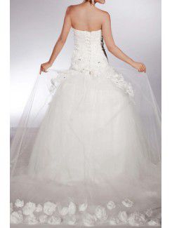 Net Strapless Chapel Train Ball Gown Wedding Dress with Handmade Flowers