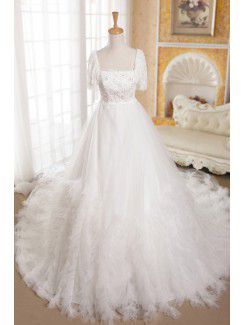 Organza Strapless Cathedral Train A-line Wedding Dress with Beading