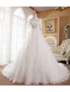 Organza Strapless Cathedral Train A-line Wedding Dress with Beading