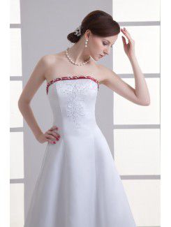 Satin Strapless A-line Sweep train Embroidered Wedding Dress