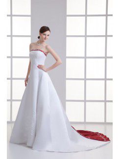 Satin Strapless A-line Sweep train Embroidered Wedding Dress