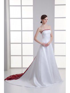 Satin Strapless A-line Sweep train Embroidered Wedding Dress