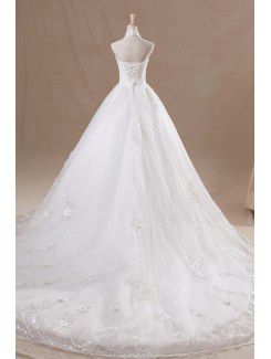 Organza Halter Chapel Train Ball Gown Wedding Dress with Pearls