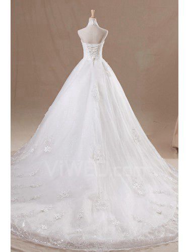 Organza Halter Chapel Train Ball Gown Wedding Dress with Pearls