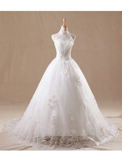 Organza Halter Chapel Train Ball Gown Wedding Dress with Pearls