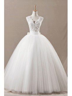 Net V-neck Floor Length Ball Gown Wedding Dress with Sequins