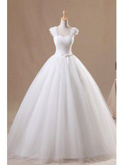 Organza cinghie floor-lunghezza palla abito abito da sposa con i fiori fatti a mano