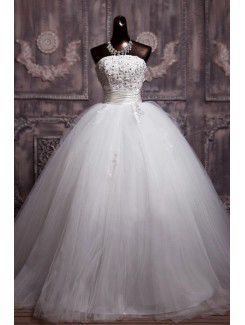 Net stroppeløs gulv lengde ball kjole brudekjole med paljetter