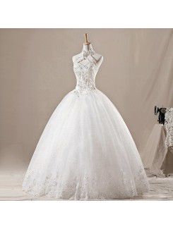 Net Halter Floor Length Ball Gown Wedding Dress with Sequins