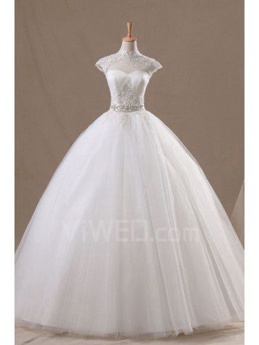 Net høy krage gulv lengde ball kjole brudekjole med håndlagde blomster