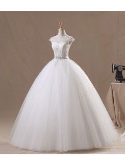 Net High Collar Floor Length Ball Gown Wedding Dress with Handmade Flowers