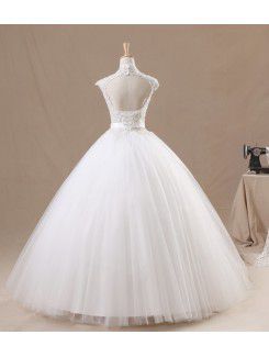 Net High Collar Floor Length Ball Gown Wedding Dress with Handmade Flowers