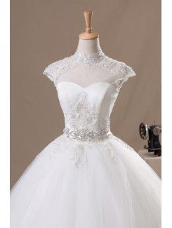 Net High Collar Floor Length Ball Gown Wedding Dress with Handmade Flowers