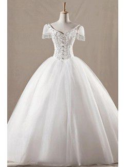 Net V-neck Floor Length Ball Gown Wedding Dress with Crystal