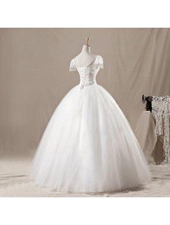 Net V-neck Floor Length Ball Gown Wedding Dress with Crystal