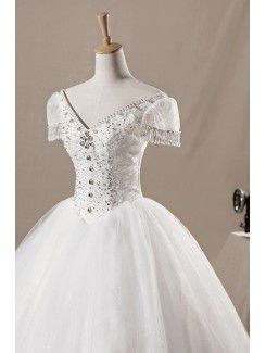 Net V-neck Floor Length Ball Gown Wedding Dress with Crystal