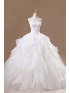 Organza comprimento pavimento querida bola vestido de casamento vestido com pérolas