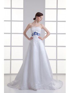 Organza senza spalline una linea di sweep treno abito da sposa ricamato