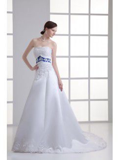 Organza Strapless A-line Sweep train Embroidered Wedding Dress