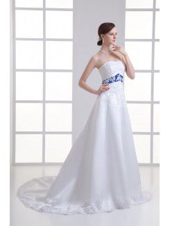 Organza Strapless A-line Sweep train Embroidered Wedding Dress