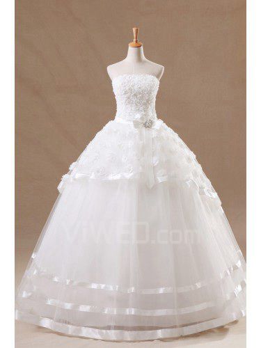 Organza Strapless Floor Length Ball Gown Wedding Dress with Handmade Flowers