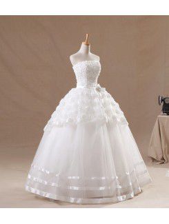 Organza Strapless Floor Length Ball Gown Wedding Dress with Handmade Flowers