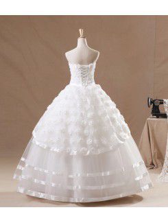 Organza Strapless Floor Length Ball Gown Wedding Dress with Handmade Flowers