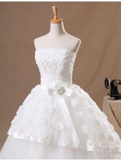 Organza Strapless Floor Length Ball Gown Wedding Dress with Handmade Flowers