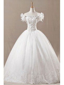 Net Off-the-Shoulder Floor Length Ball Gown Wedding Dress with Crystal