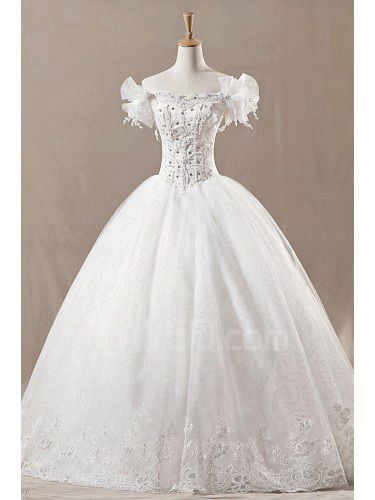 Net Off-the-Shoulder Floor Length Ball Gown Wedding Dress with Crystal