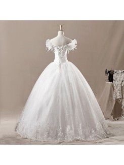 Net Off-the-Shoulder Floor Length Ball Gown Wedding Dress with Crystal