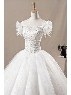 Net Off-the-Shoulder Floor Length Ball Gown Wedding Dress with Crystal