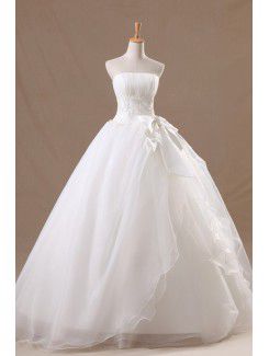 Organza Strapless Floor Length Ball Gown Wedding Dress with Handmade Flowers