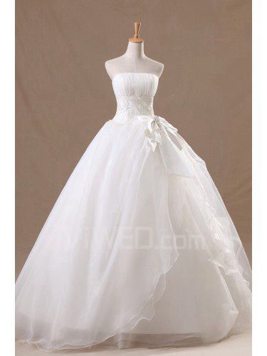 Organza Strapless Floor Length Ball Gown Wedding Dress with Handmade Flowers