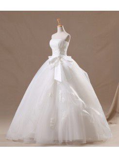 Organza Strapless Floor Length Ball Gown Wedding Dress with Handmade Flowers