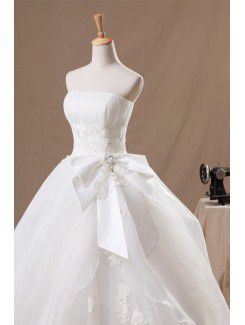 Organza Strapless Floor Length Ball Gown Wedding Dress with Handmade Flowers