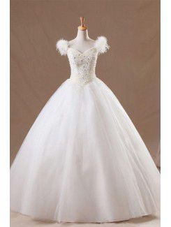 Organza V-neck Floor Length Ball Gown Wedding Dress with Pearls