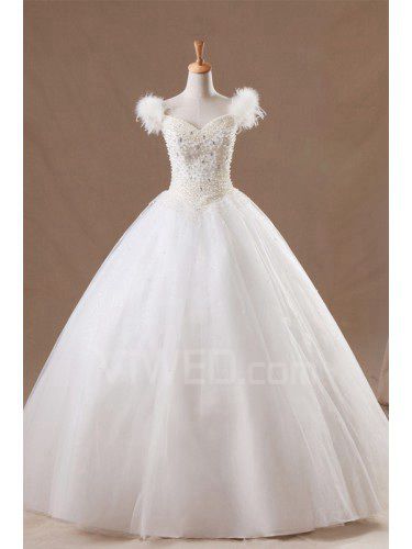 Organza V-neck Floor Length Ball Gown Wedding Dress with Pearls