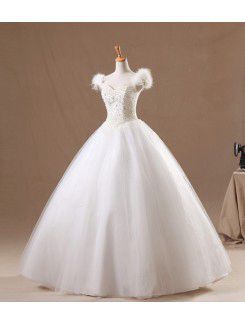 Organza V-neck Floor Length Ball Gown Wedding Dress with Pearls