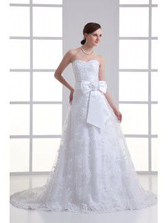 Organza Sweetheart A-line Sweep train Embroidered and Bow Wedding Dress